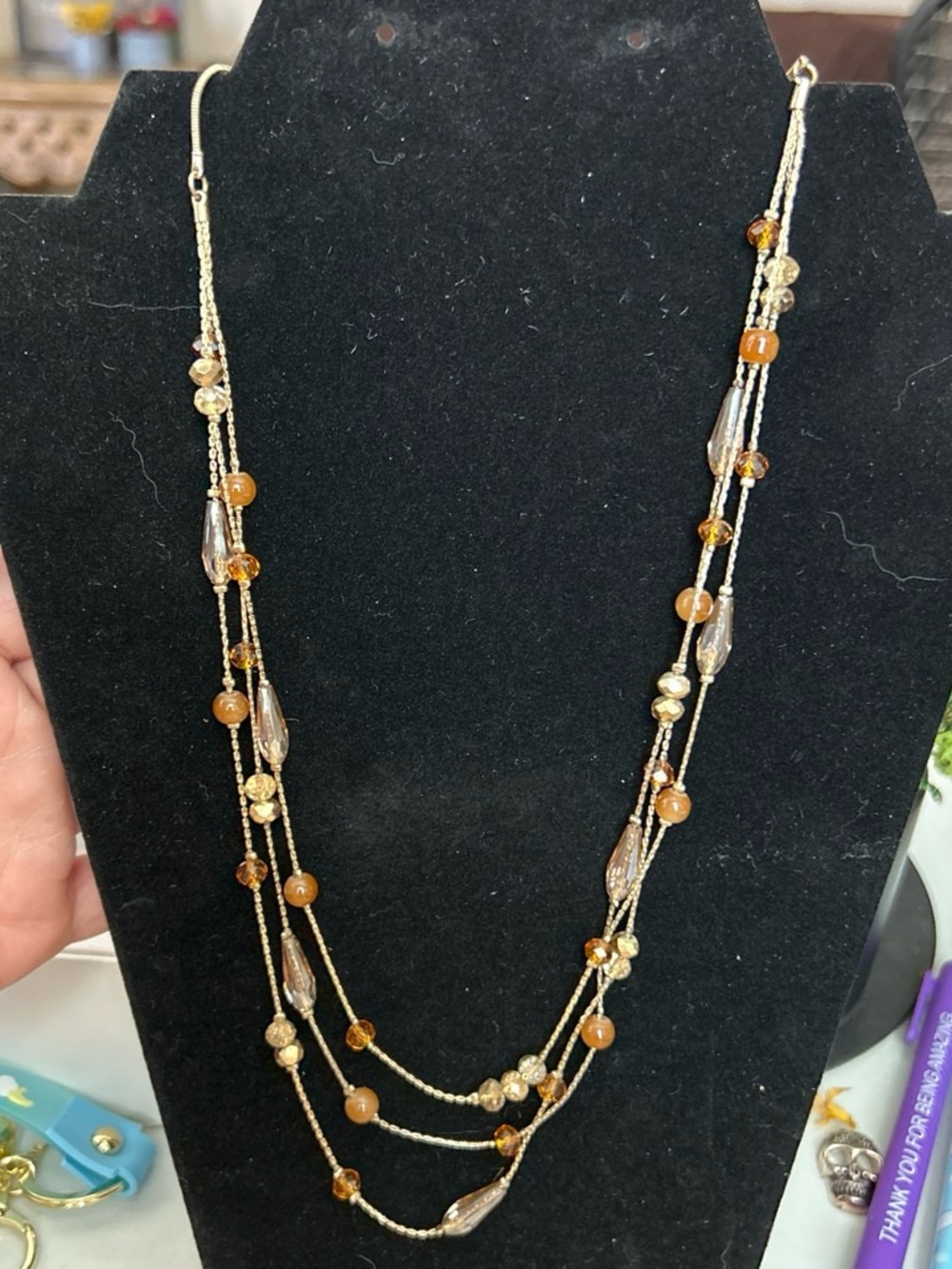 Multi-Strand Gold color and Amber color Beaded Necklace - Women Jewelry